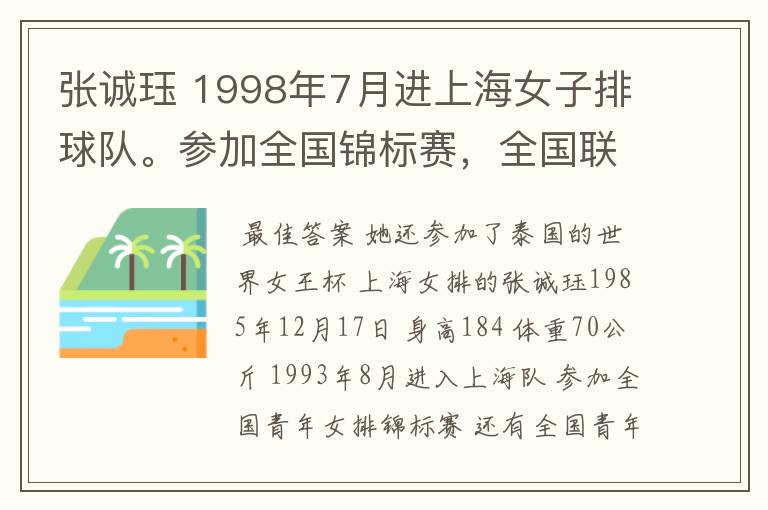 张诚珏 1998年7月进上海女子排球队。参加全国锦标赛，全国联赛。在2002年参加世界排球女王杯地点在泰国。