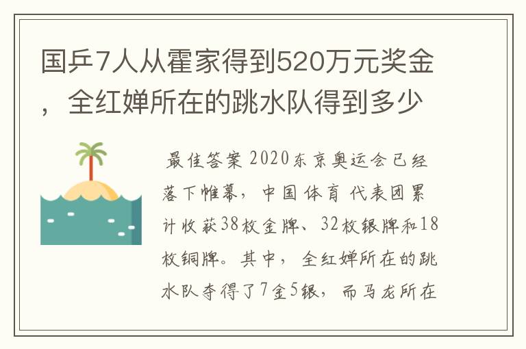 国乒7人从霍家得到520万元奖金，全红婵所在的跳水队得到多少呢？