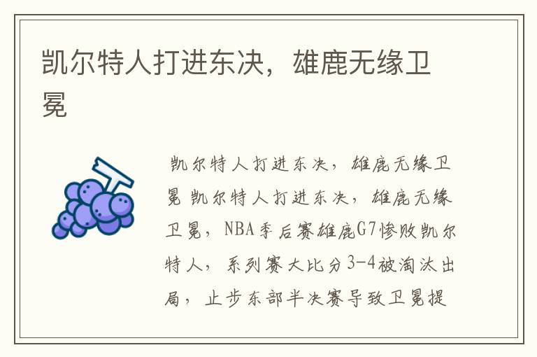 凯尔特人打进东决，雄鹿无缘卫冕