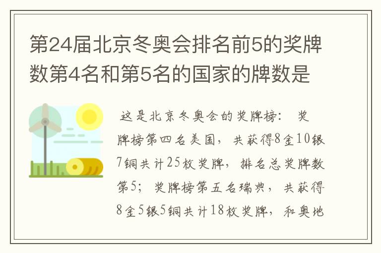 第24届北京冬奥会排名前5的奖牌数第4名和第5名的国家的牌数是多少？