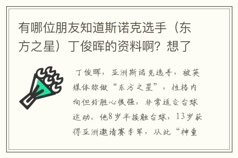 有哪位朋友知道斯诺克选手（东方之星）丁俊晖的资料啊？想了解一下他。