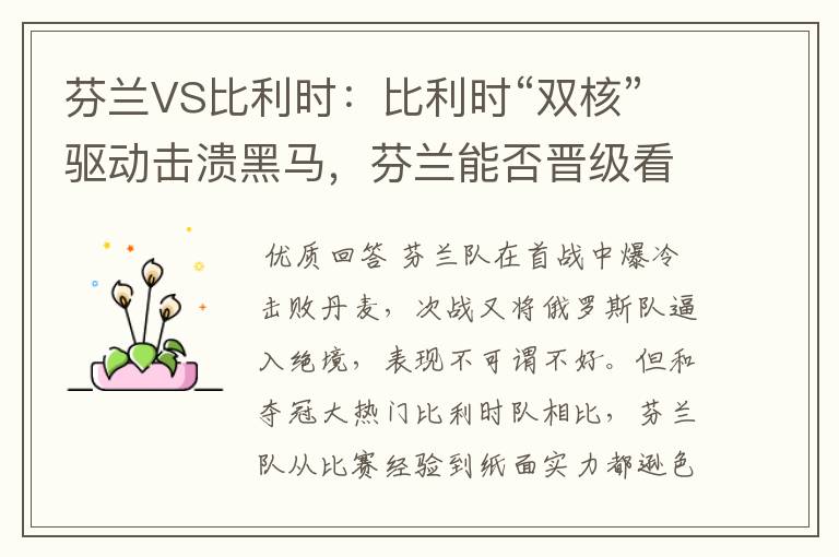 芬兰VS比利时：比利时“双核”驱动击溃黑马，芬兰能否晋级看天意