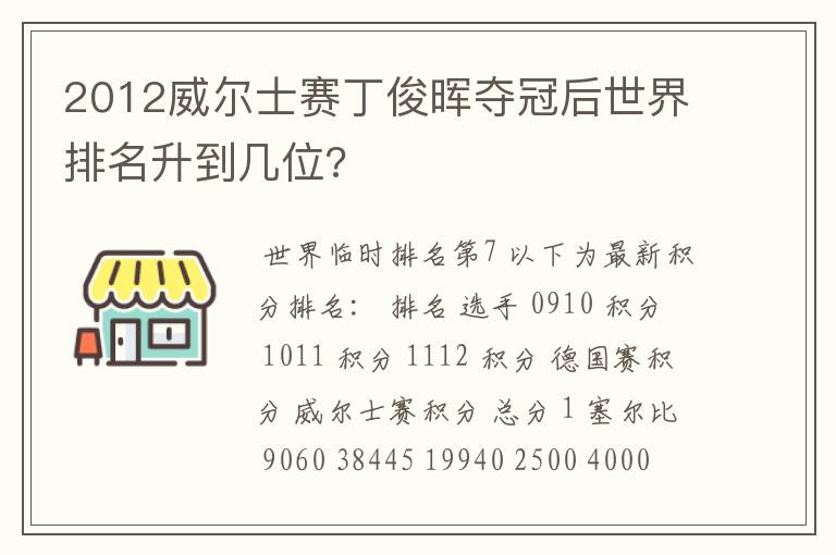 2012威尔士赛丁俊晖夺冠后世界排名升到几位?