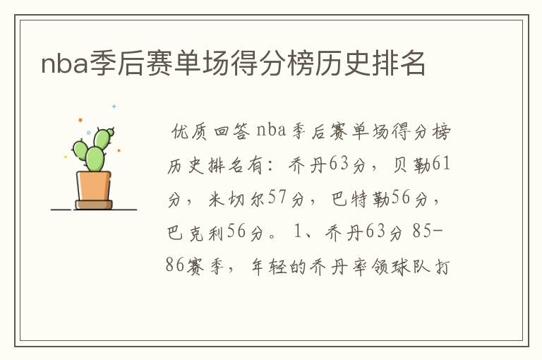 nba季后赛单场得分榜历史排名