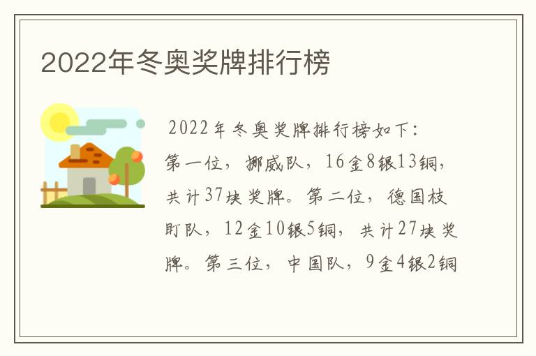 2022年冬奥奖牌排行榜