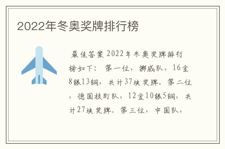 2022年冬奥奖牌排行榜