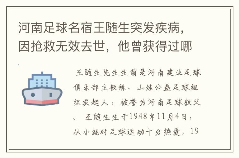 河南足球名宿王随生突发疾病，因抢救无效去世，他曾获得过哪些荣誉？