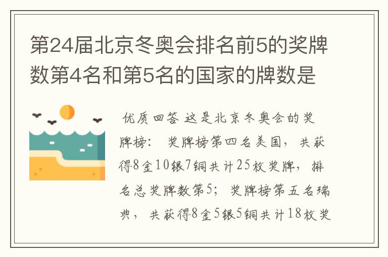 第24届北京冬奥会排名前5的奖牌数第4名和第5名的国家的牌数是多少？