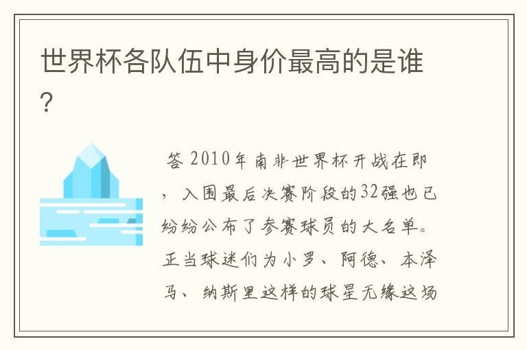 世界杯各队伍中身价最高的是谁？