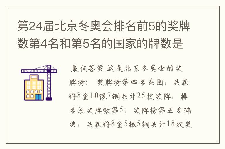 第24届北京冬奥会排名前5的奖牌数第4名和第5名的国家的牌数是多少？