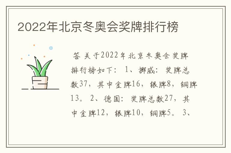 2022年北京冬奥会奖牌排行榜