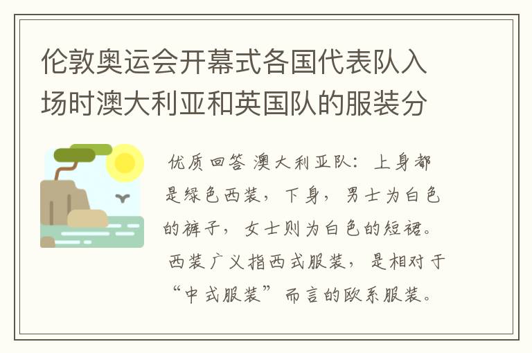 伦敦奥运会开幕式各国代表队入场时澳大利亚和英国队的服装分别叫什么