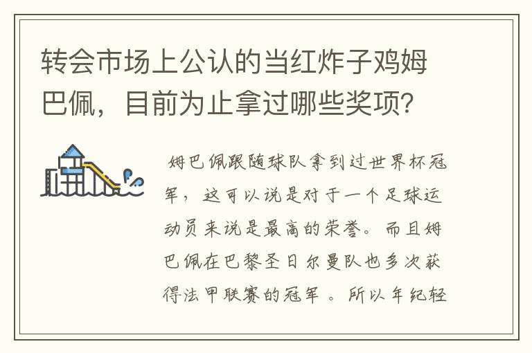 转会市场上公认的当红炸子鸡姆巴佩，目前为止拿过哪些奖项？