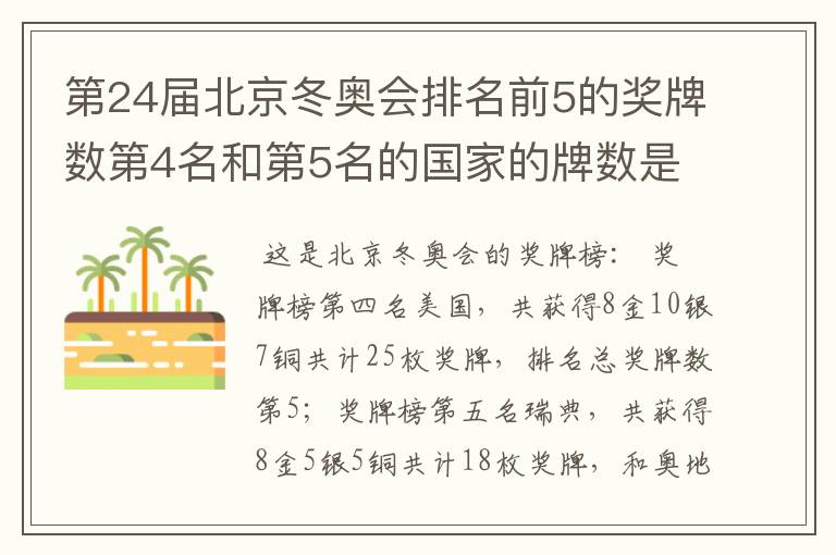 第24届北京冬奥会排名前5的奖牌数第4名和第5名的国家的牌数是多少？