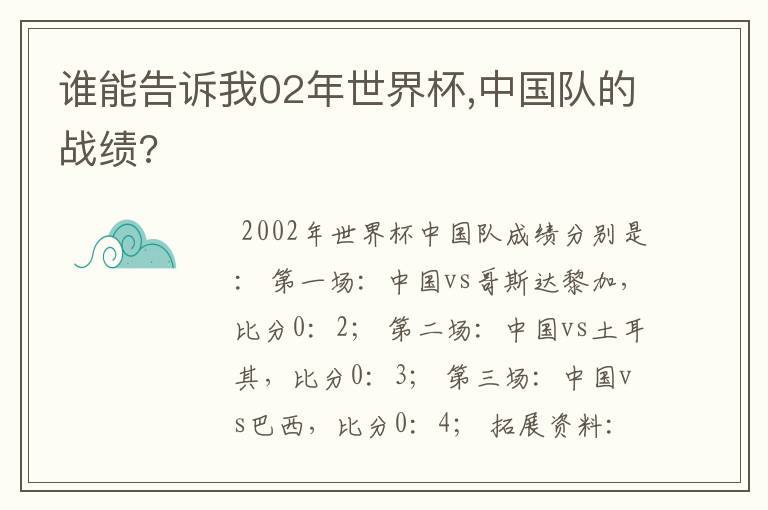 谁能告诉我02年世界杯,中国队的战绩?