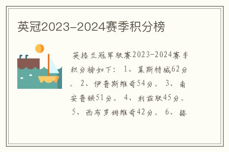 英冠2023-2024赛季积分榜