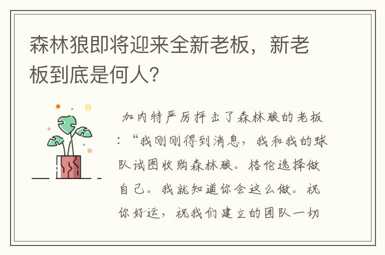 森林狼即将迎来全新老板，新老板到底是何人？