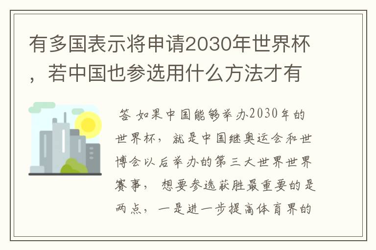 有多国表示将申请2030年世界杯，若中国也参选用什么方法才有可能获胜？