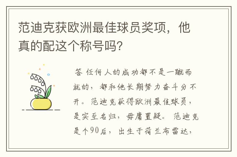 范迪克获欧洲最佳球员奖项，他真的配这个称号吗？