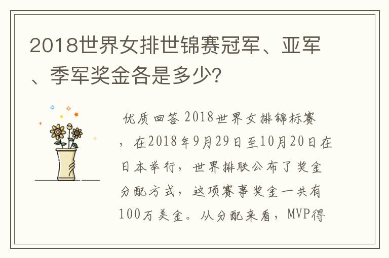 2018世界女排世锦赛冠军、亚军、季军奖金各是多少？