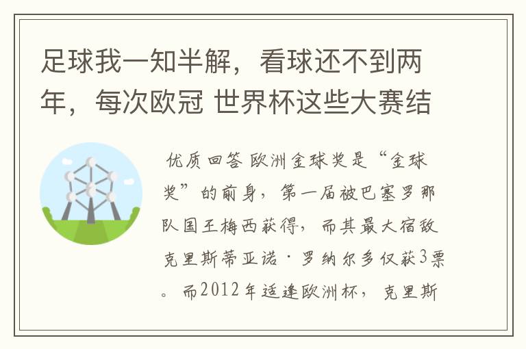 足球我一知半解，看球还不到两年，每次欧冠 世界杯这些大赛结束后不是都要评什么金球奖，金靴奖什么的吗？