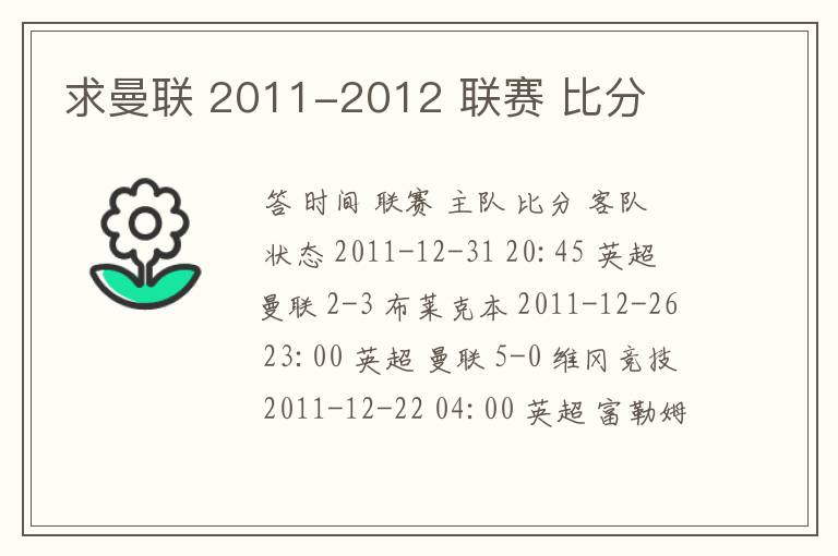 求曼联 2011-2012 联赛 比分