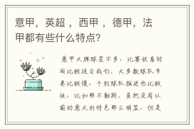 意甲，英超 ，西甲 ，德甲，法甲都有些什么特点？