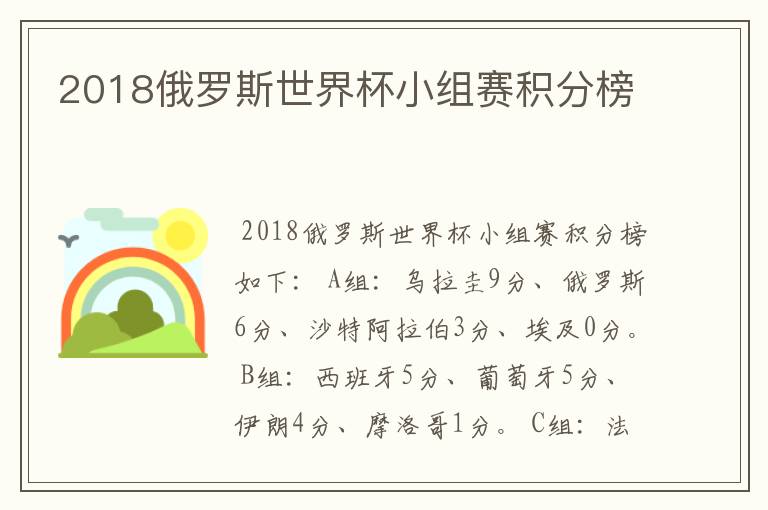 2018俄罗斯世界杯小组赛积分榜