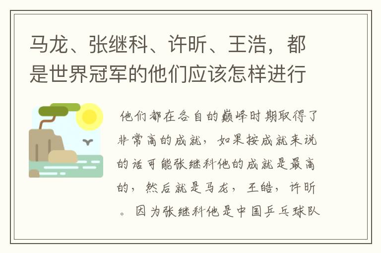 马龙、张继科、许昕、王浩，都是世界冠军的他们应该怎样进行实力上的排序？