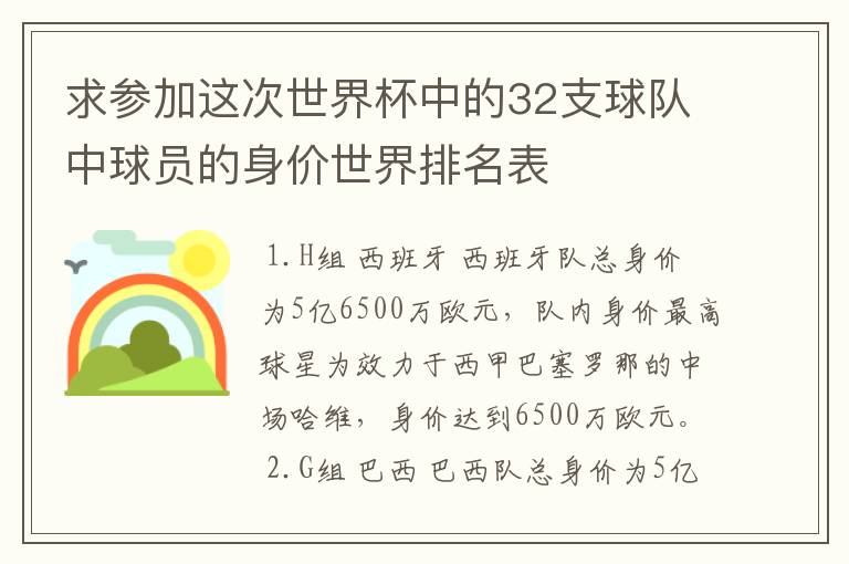 求参加这次世界杯中的32支球队中球员的身价世界排名表