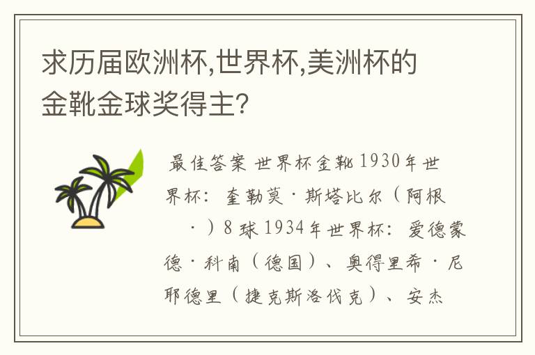 求历届欧洲杯,世界杯,美洲杯的金靴金球奖得主？