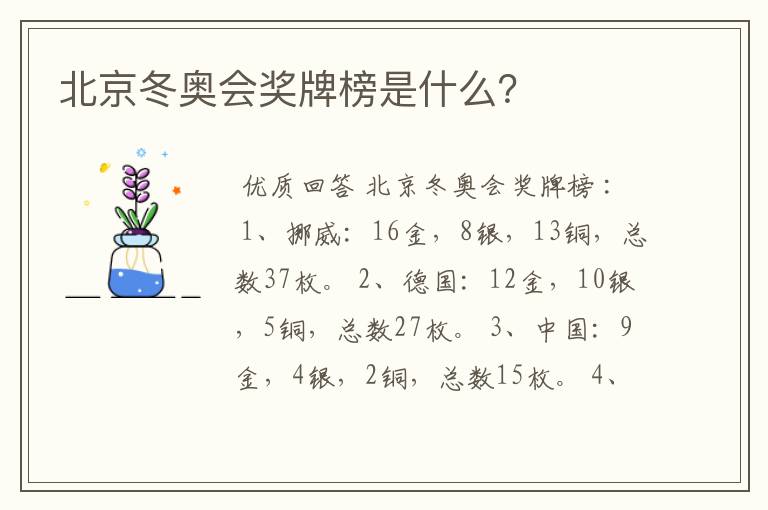 北京冬奥会奖牌榜是什么？