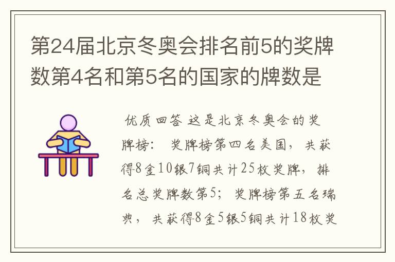 第24届北京冬奥会排名前5的奖牌数第4名和第5名的国家的牌数是多少？