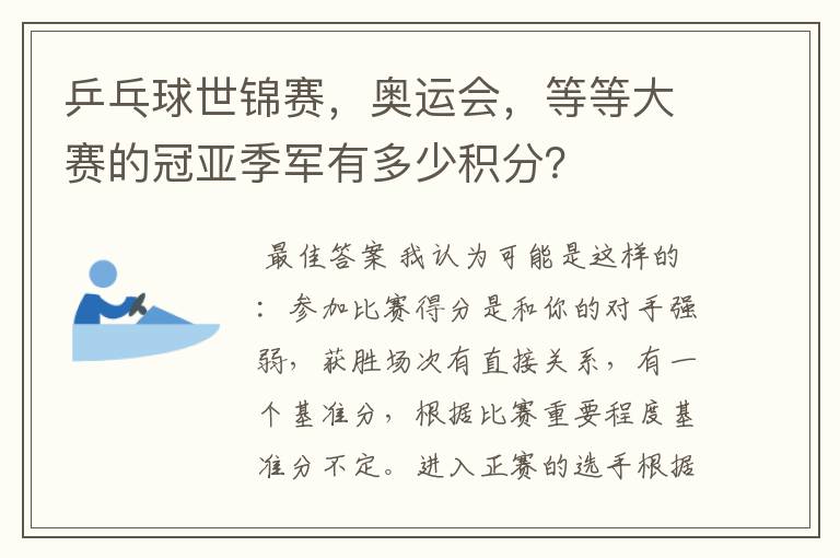 乒乓球世锦赛，奥运会，等等大赛的冠亚季军有多少积分？