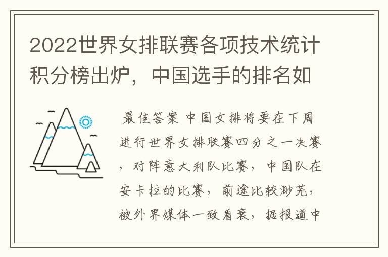 2022世界女排联赛各项技术统计积分榜出炉，中国选手的排名如何？