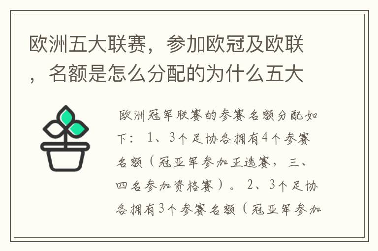 欧洲五大联赛，参加欧冠及欧联，名额是怎么分配的为什么五大联赛只有法甲