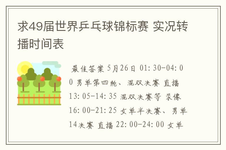 求49届世界乒乓球锦标赛 实况转播时间表