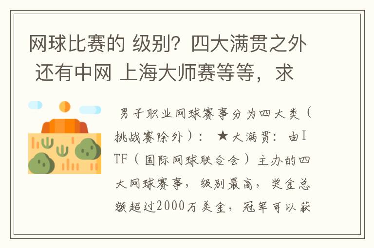 网球比赛的 级别？四大满贯之外 还有中网 上海大师赛等等，求详细的级别序列？