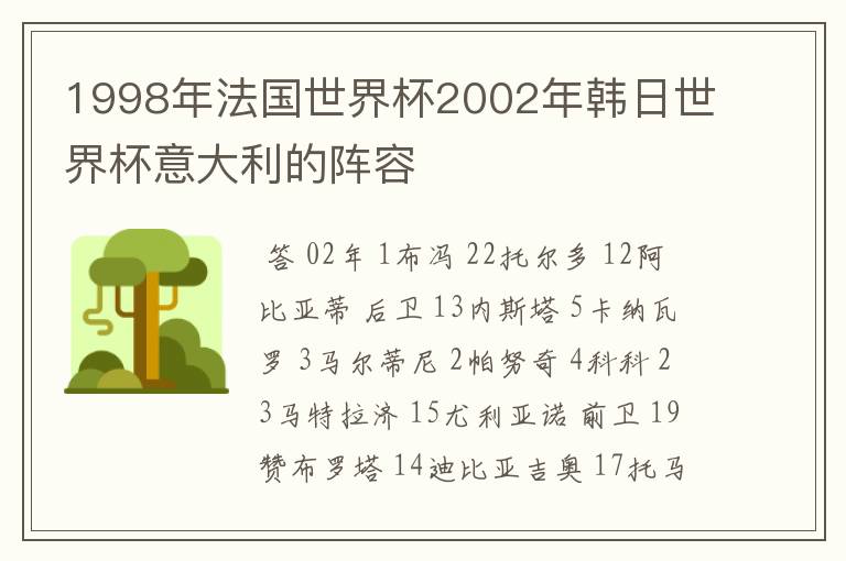 1998年法国世界杯2002年韩日世界杯意大利的阵容