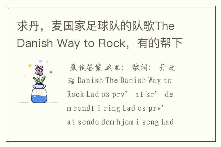 求丹，麦国家足球队的队歌The Danish Way to Rock，有的帮下忙，最好付上LRC歌