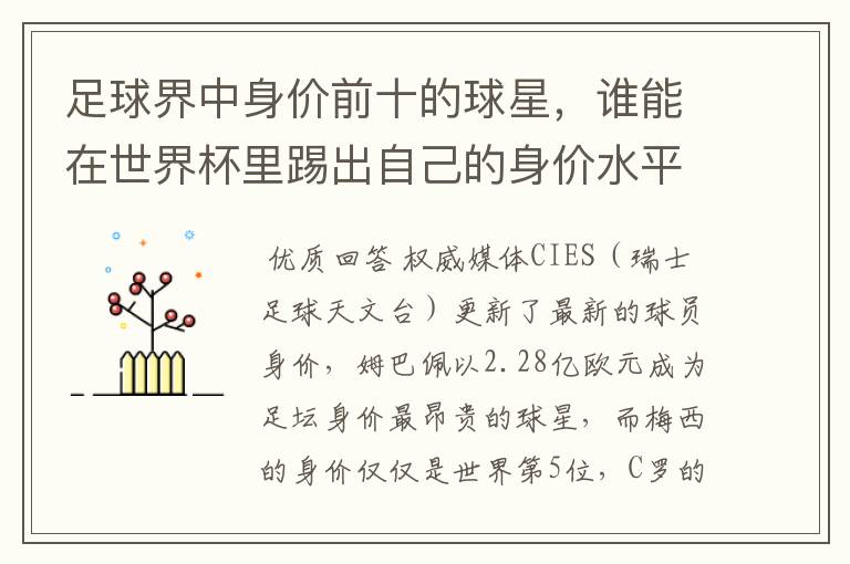 足球界中身价前十的球星，谁能在世界杯里踢出自己的身价水平？