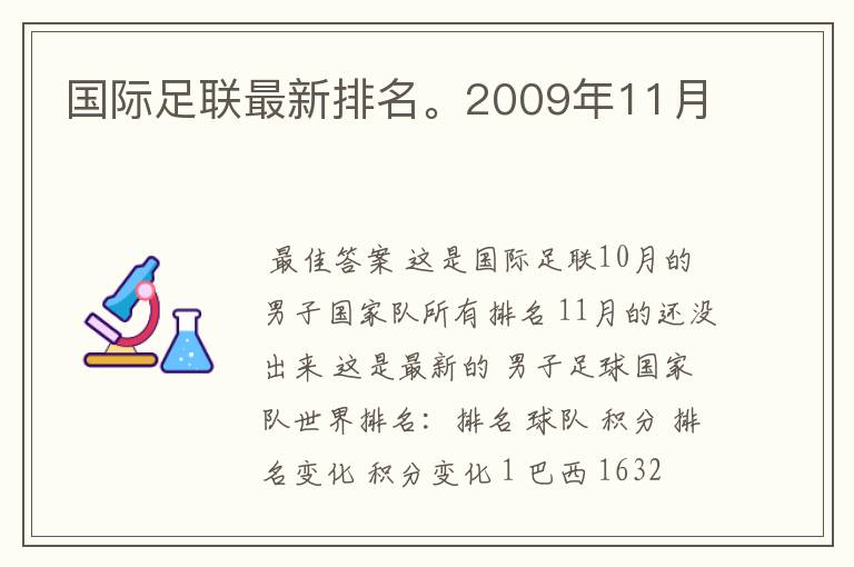 国际足联最新排名。2009年11月