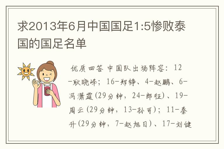 求2013年6月中国国足1:5惨败泰国的国足名单