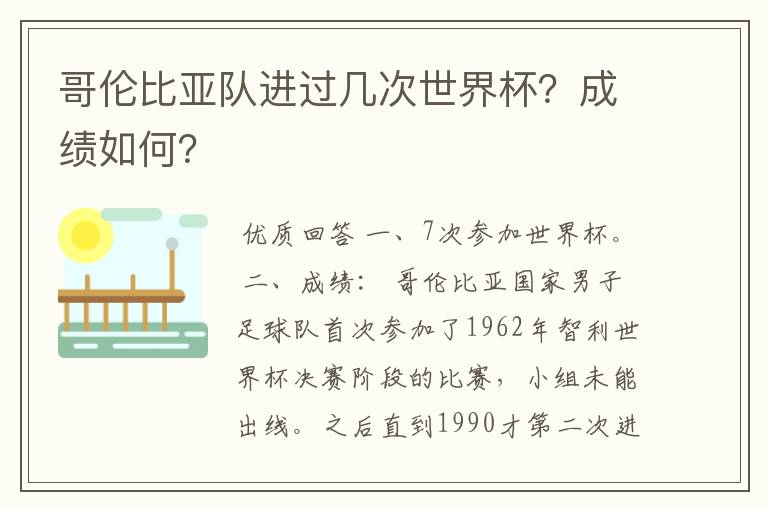 哥伦比亚队进过几次世界杯？成绩如何？