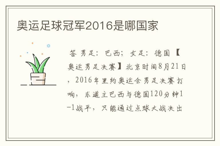 奥运足球冠军2016是哪国家