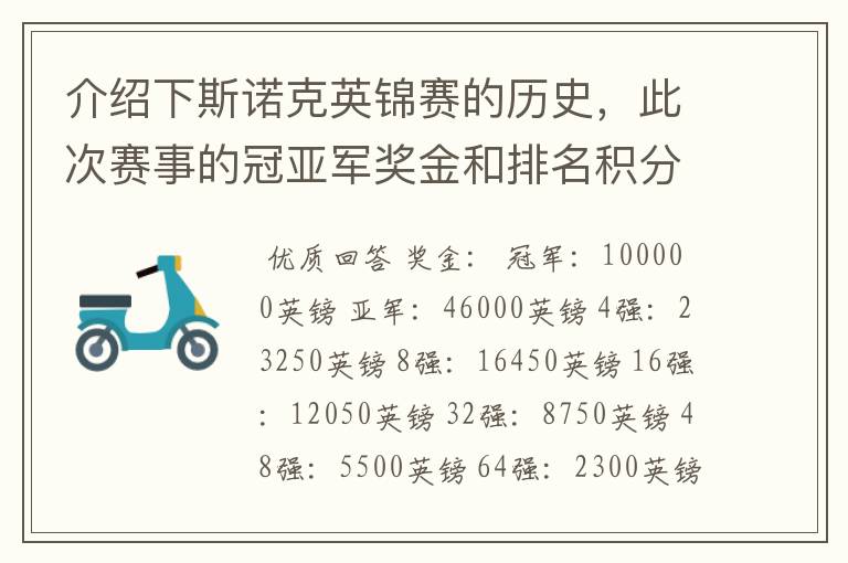 介绍下斯诺克英锦赛的历史，此次赛事的冠亚军奖金和排名积分各是多少？