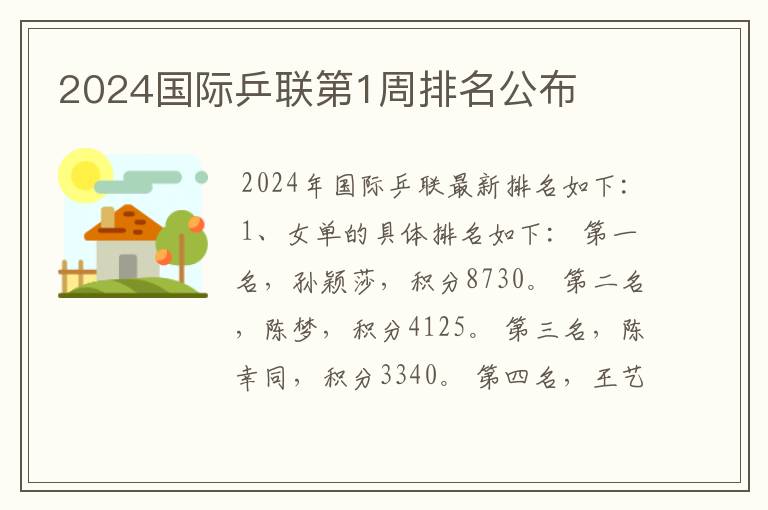 2024国际乒联第1周排名公布