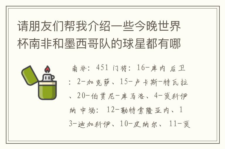 请朋友们帮我介绍一些今晚世界杯南非和墨西哥队的球星都有哪些？