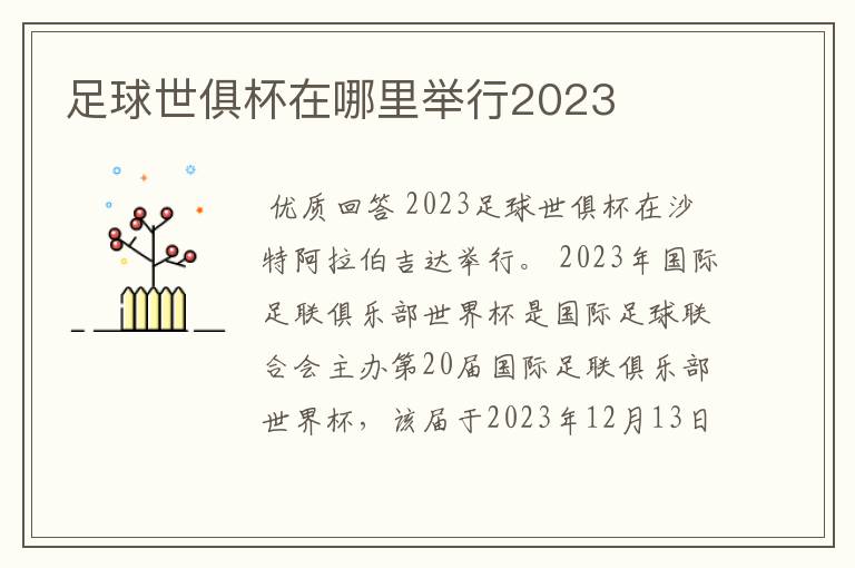 足球世俱杯在哪里举行2023