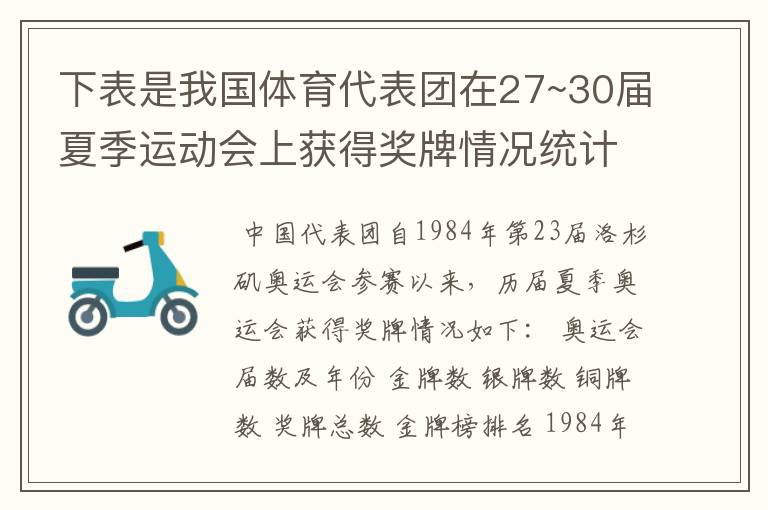 下表是我国体育代表团在27~30届夏季运动会上获得奖牌情况统计表